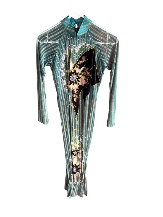 Dresses & Skirts - Green & Gold Striped Floral Embellished Long Sleeve Dress M 46d